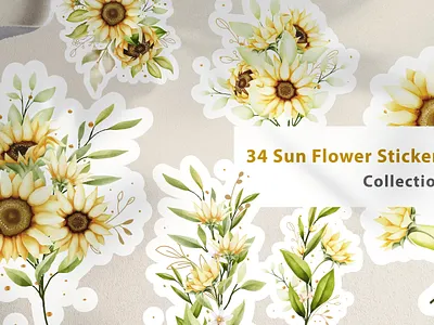 Watercolor SunFlower stickers collection abstract sunflower