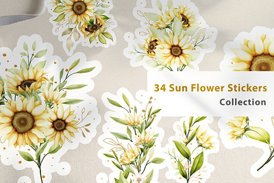 Watercolor SunFlower stickers collection abstract sunflower