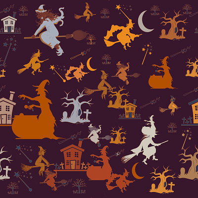 Halloween Witches & Cauldrons in Orange art licensing cauldrons halloween pattern design repeat pattern surface design witches