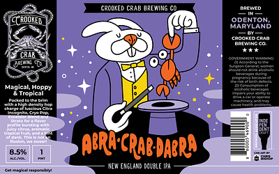 Abra-Crab-Dabra Beer Can Art beer branding bright colors can character crab design funny graphic design illustration magic magician rabbit vector
