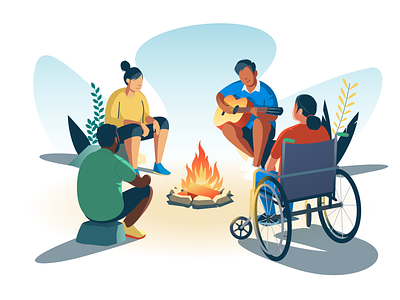 Friends sitting around a campfire character design fire guitar illustration people vector wheelchair