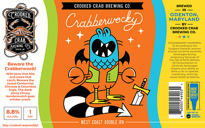 Crabberwocky Beer Can Art beer branding bright colors can character creature design funny graphic design illustration jabberwocky label monster packaging strange vector weird