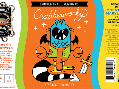 Crabberwocky Beer Can Art beer branding bright colors can character creature design funny graphic design illustration jabberwocky label monster packaging strange vector weird