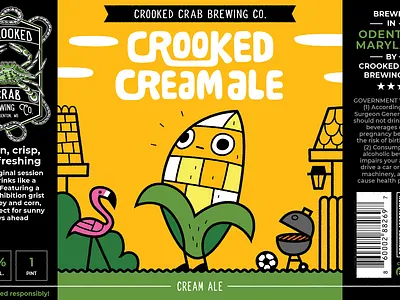 Crooked Cream Ale Beer Can Art bbq beer branding bright colors can character corn cute design flamingo funny graphic design illustration label packaging picnic vector yard yellow