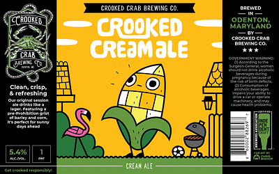 Crooked Cream Ale Beer Can Art bbq beer branding bright colors can character corn cute design flamingo funny graphic design illustration label packaging picnic vector yard yellow