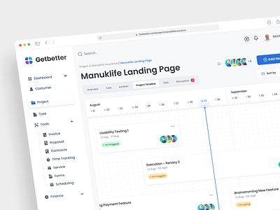 GetBetter Dashboard activity card clean contract costumer dashboard design invoice lightmode management minimalist productivity project saas timeline ui
