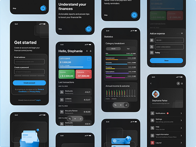 Budget control app charts dark mode design figma homepage log in mobile design onboarding reports screen search sign in ui ui design user profile