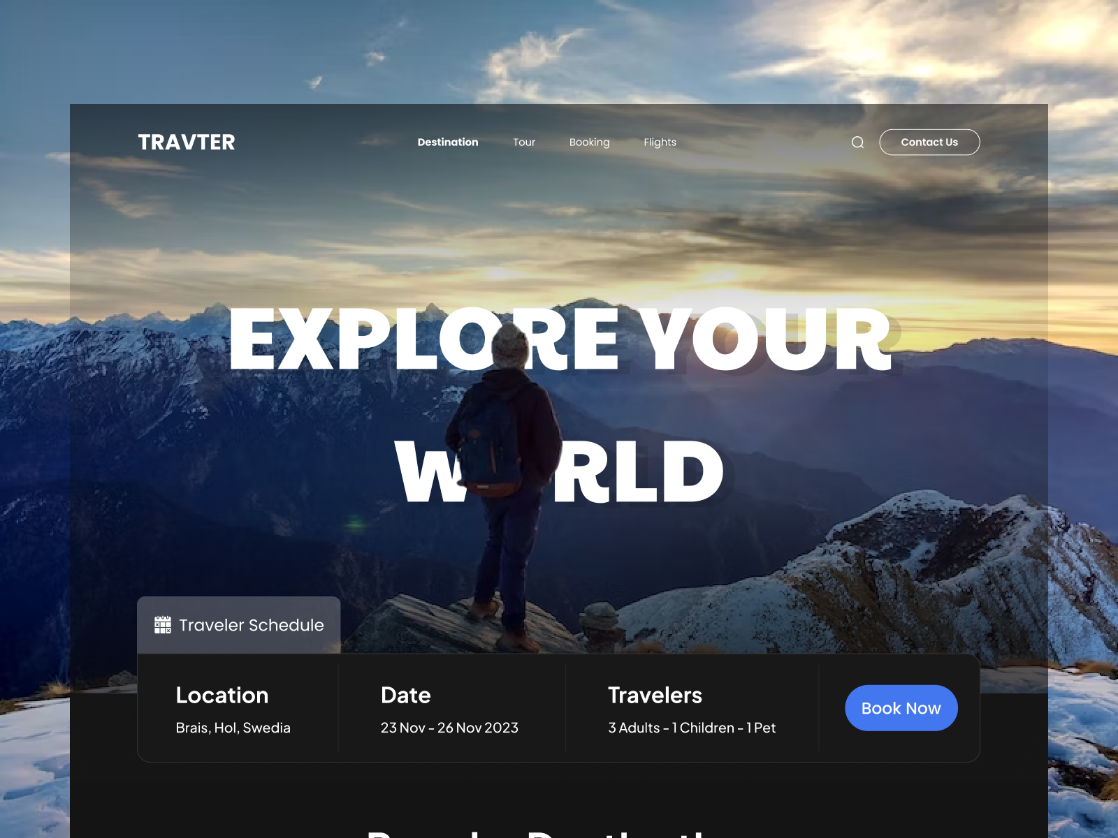 Travter Website - Landing Page clean dark mode ebents homestay landing page places restaurants tour travel trip website