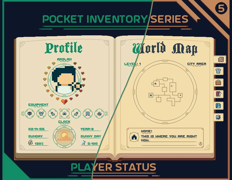 Pocket Inventory Series #5 : Player Status 2d animation asset pack branding gui humblepixelofficial inventory pixel art png sprites top down unity user interface (ui)