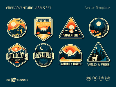 Free Adventure Labels Set (PSD, AI, EPS, PNG) adventure camping forest free freebie label labels mountains patch photoshop psd sticker sticker pack stickers template templates travel vacation vector vectors