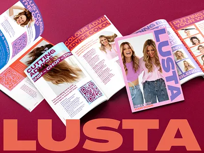 Lusta - Booklet booklet design branding collateral design editorial fun graphic design hair large text logo photography pink strong toppers typography vector wigs