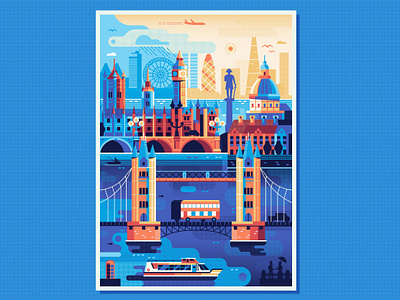 London Travel Poster british city cityscape flat design geometric great britain illustration landmarks london map panorama poster river scene skyline symbols thames travel uk welcome