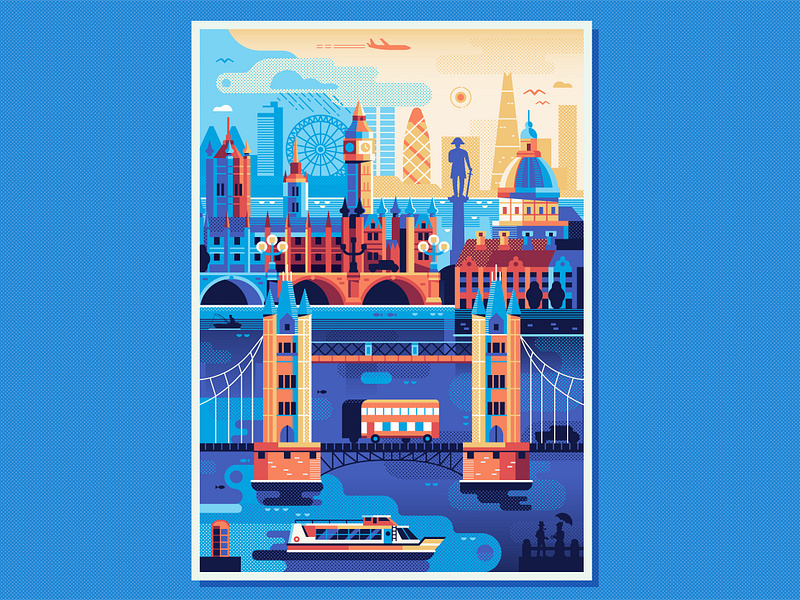 London Travel Poster british city cityscape flat design geometric great britain illustration landmarks london map panorama poster river scene skyline symbols thames travel uk welcome