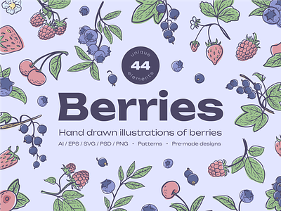 Berries Vector Illustration Pack berries berry blueberry cartoon cherry currant design doodle food fruit hand drawn illustration nature pack package pattern raspberry set sketch strawberry