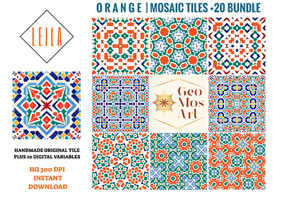 LEILA - Orange Mosaic Tile +20 Bundle arab home decor design mosaic digital downloads seamless patterns