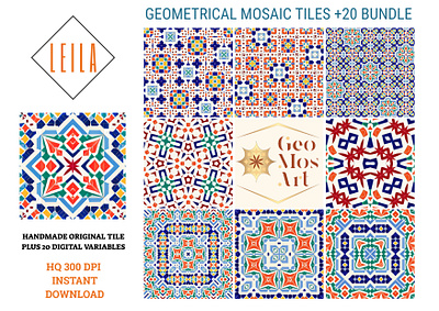 LEILA - Geometrical Mosaic Tile +20 Bundle arab home decor customizable art design mosaic decor mosaic digital downloads mosaic murals mosaic prints seamless patterns