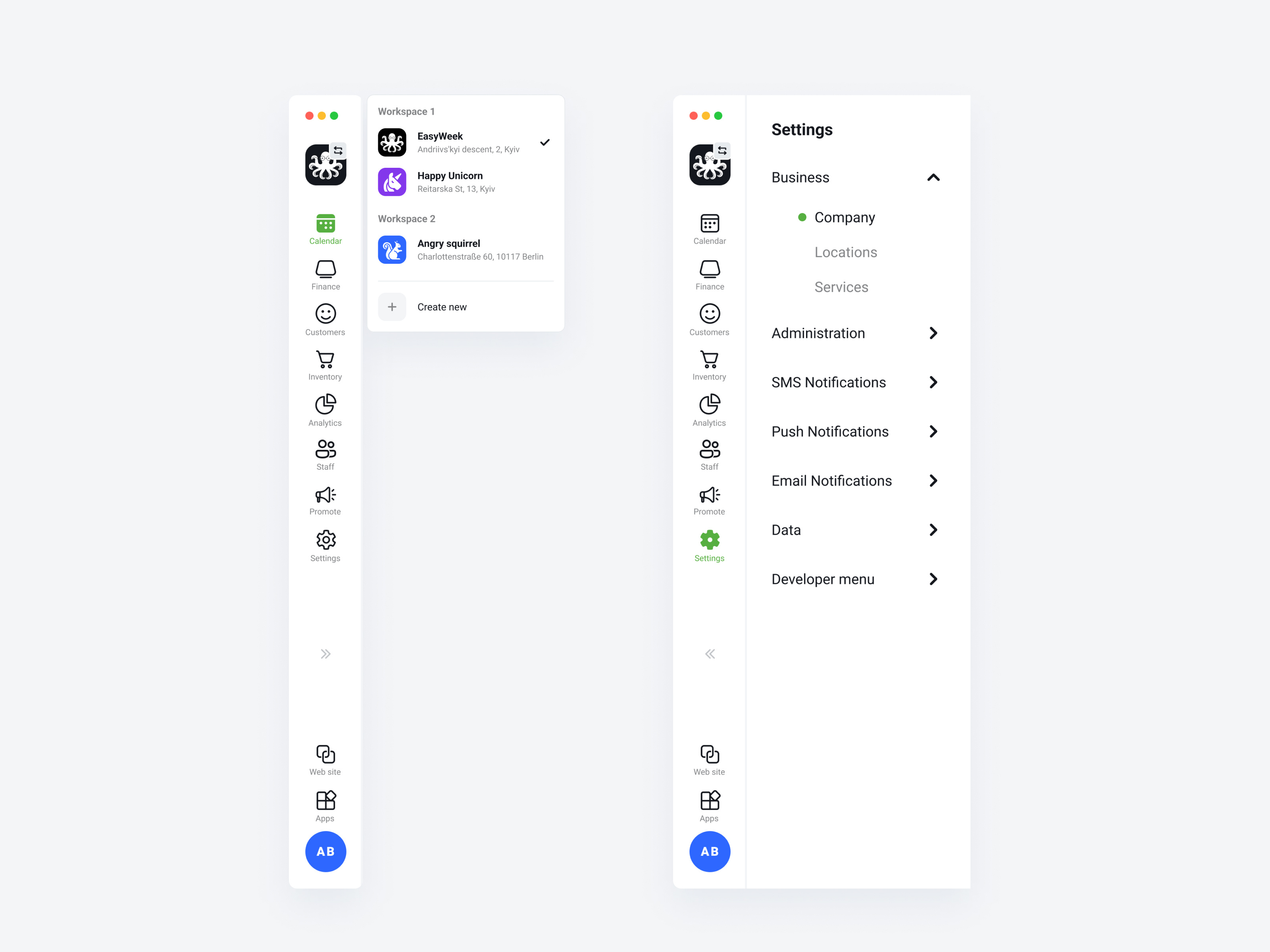 CRM sidebar navigation accounts change account crm menu navigation sidebar sidenav ui ux workspaces