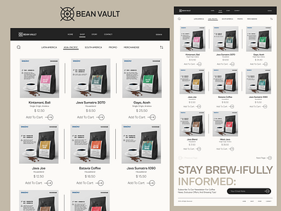 Bean Vault - Roasted Coffee Beans Shop Page ☕️ cafe coffee coffee bean commerce design drink e commerce elegant food and beverages homepage interface landing page minimalist products shop ui ui design web web design website