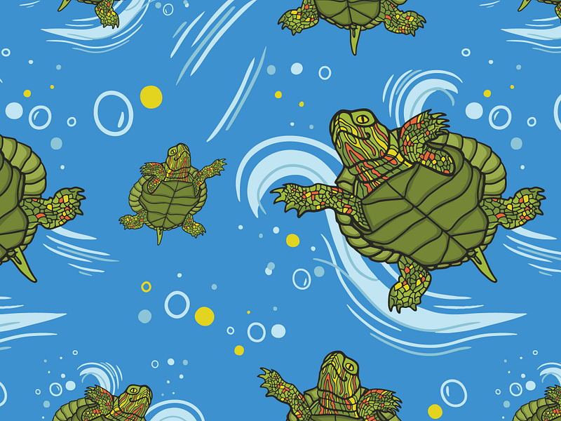 Turtle Swimming Seamless Pattern animal background cute design fabric pattern fun hand drawn illustration illustration art nature pattern pattern design repeat pattern seamless pattern surface design swim swimming textile turtle wallpaper