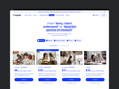 Lingoda — Learn to speak a language with confidence buy flow hero home homepage page plan plans price pricing process purchase section select subscription switch toggle web website wireframe