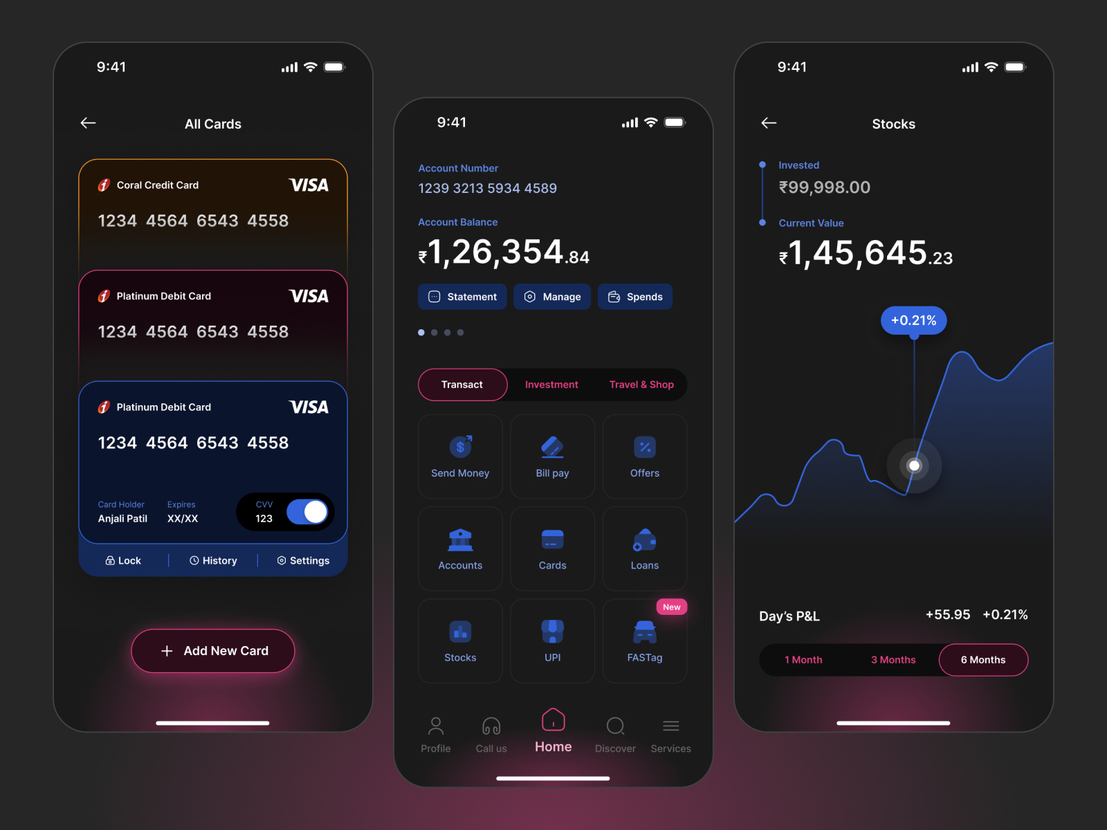 Banking App app bank bank cards card dark dark mode financial fintech minimal stocks ui design