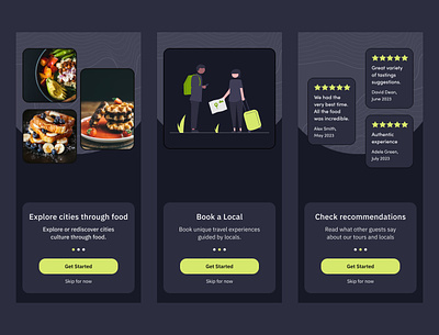 Local travel app black theme bold green cities experiences explore food guide local travel neon colors onboarding tours travel ui ux