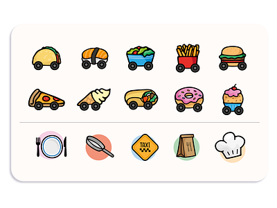 Icon set design adobe avatar brand brand design branding delivery design designer drawing food graphic design hand drawn icon icon set icons illustration illustrator kawaii logo wheels