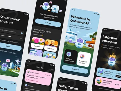 Chat AI Mobile App Design with Illustrations ai app artificial bima bot branding chat clean design gradient header illustration inteligence internet layout mobile robot service ui design ux design