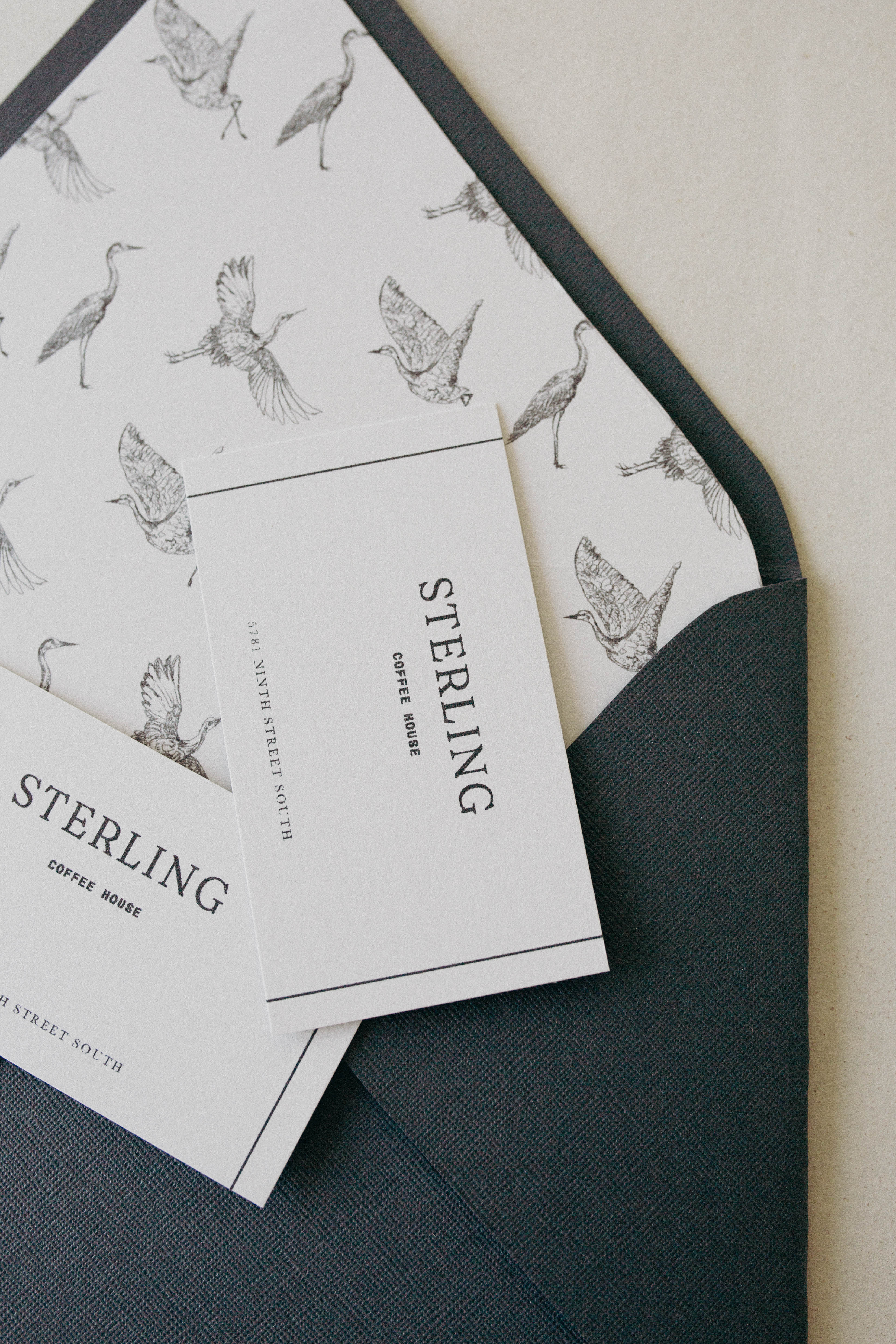 Sterling Coffee House Branding + Print Design beautiful branding design clean typography coffee shop branding coffee shop design coffee shop logo coffee shop print crane illustration elegant branding design high end logo high end print design illustration design branding illustrator minimalist luxury branding design minimalist branding minimalist illustration design print design serif logo design serif typography sketch design small business branding