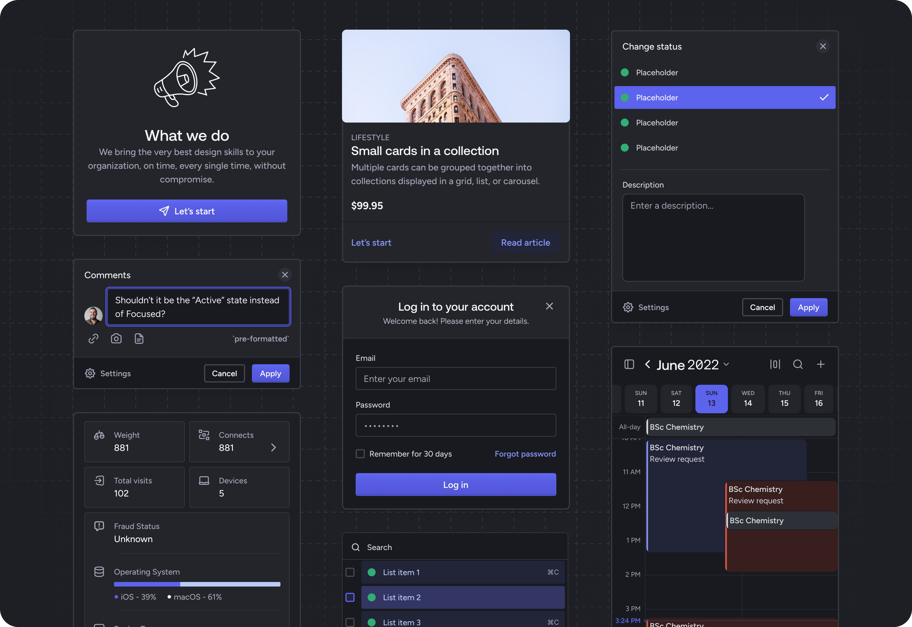 Dark Theme Design System Components app b2b black blue clean component dark dark theme design system enterprise mobile modal popover product design purple saas
