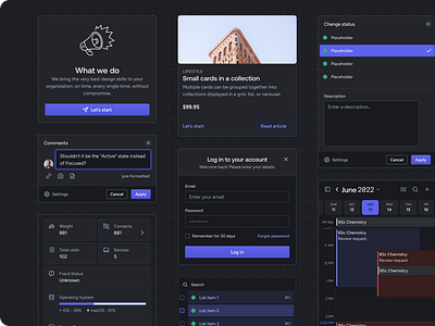 Dark Theme Design System Components app b2b black blue clean component dark dark theme design system enterprise mobile modal popover product design purple saas