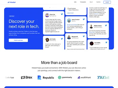 Hirelist App blue ui bubble.io bubble.io design employment hiring job board job directory job listings no code no code no code design product design twitter jobs uiux work