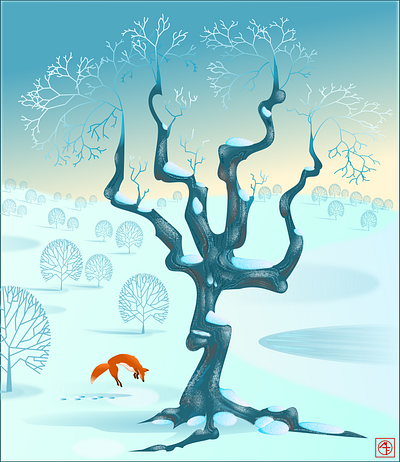 Fox In Winter blue design fox graphic design ice illustration landscape nature snow trees wall art winter