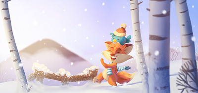Fox & bird bird cold fox happy illustration snow walking winter