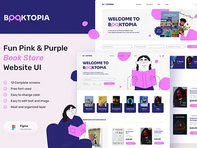 Booktopia – Fun Pink & Purple Book Store Website UI app application homepage landing landing page landingpage mobile app ui ui ux uidesign uiux uiuxdesign user user experience ux uxdesign uxui web webdesign website
