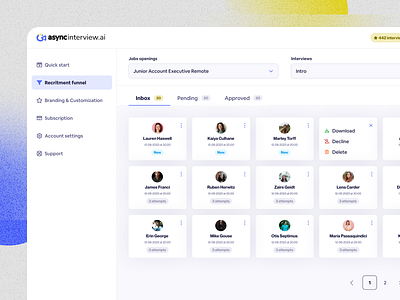 Async interview app blur branding dashboard design dribbble funnel hire hiring illustration inbox recruit shot tab texture ui ux
