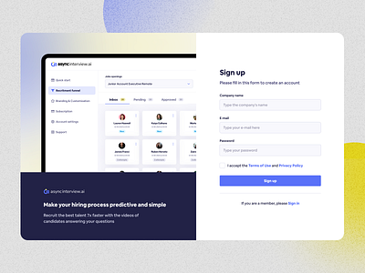 Async Interview app blur branding dash dashboard design dribbble hire illustration inbox logo mockup recruitment shot signup texture ui ux