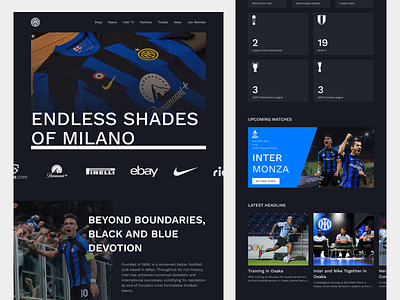 Inter Milan - Football Landing Page clean company company profile dark mode design football football landing page football page football team landing page landingpage profile team ui ux web design