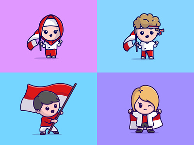 Cute Character with Indonesian Flag👧🏻👦🏻🇮🇩 cartoon cute cute boy cute girl cutecartoon flag illustration independence day indonesia indoseian independence day kemerdekaan mascot merdeka red white vector