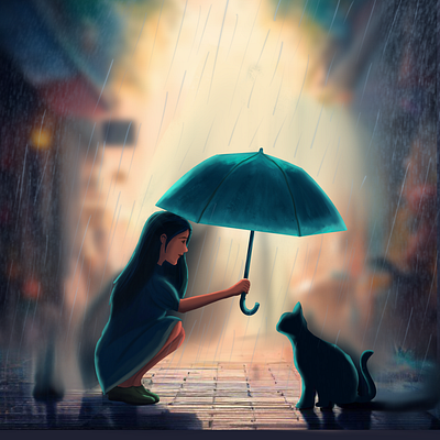 Rainy Day Guardian artwork cat character digital art digital painting drawing girl illustration landscape painting rain