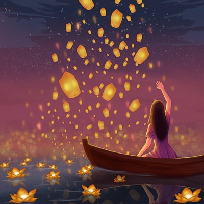 River of Illuminated Dreams art artwork digital art digital draw digital painting drawing illustration lake latern lotus woman