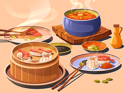 Lunch art artwork dinners dumplings food food illustrations illustration art leeart lunch menu restaurant seafood shrimp