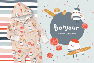 Bonjour kids graphic collection baby baby collection baby pattern baguette bird branding croissant cute design flower france french illustration kids kids collection kids pattern seamless