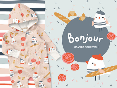 Bonjour kids graphic collection baby baby collection baby pattern baguette bird branding croissant cute design flower france french illustration kids kids collection kids pattern seamless