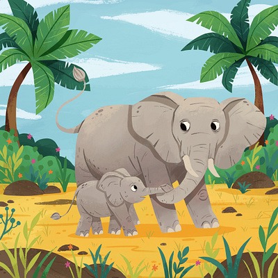 Elephants size L and S child childrensbooks design digitalart elephant forest graphicdesign illustration jungle kidlit magazine mother