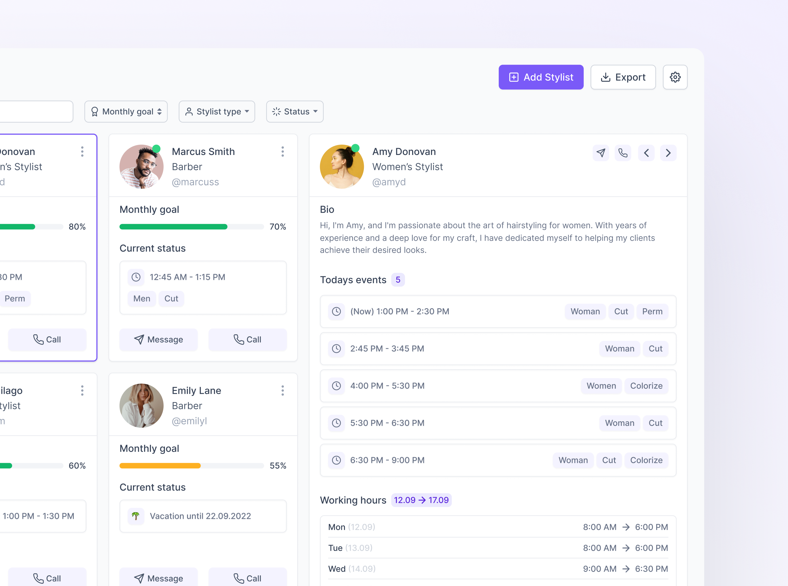 Salsync | Stylists 2 column admin analytics barber bio booking dashboard dashboard ui design employee profile employees product product design profile saas search stylists technical ui ux