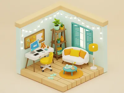 isometric room 3d blender cosy illustration interior room sims workspace