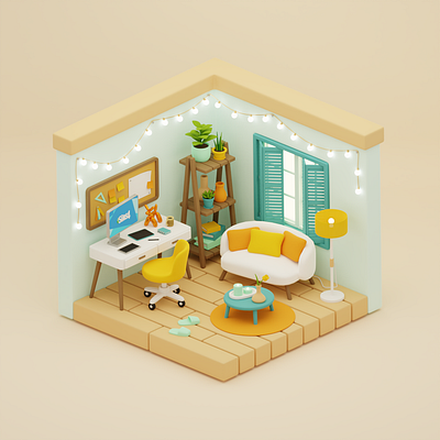 isometric room 3d blender cosy illustration interior room sims workspace