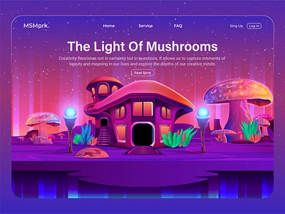 Village of Mushrooms Landing Page | Vector Illustration adobe illustrator branding cartoon concept art drawing fantacy futuristic game design game development graphic design hero image illustration home illustration landing page mushrooms theme uiux vector vector illustration web illustration