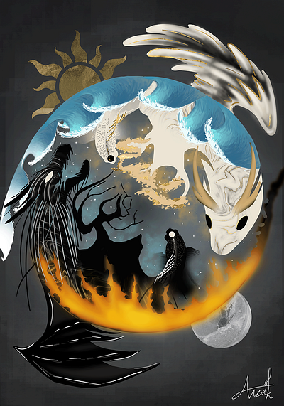 YING YANG black death design dragon fetus fire gold graphic design koi koi fish life moon silver skeleton ui water white ying yang ying and yang ying yang